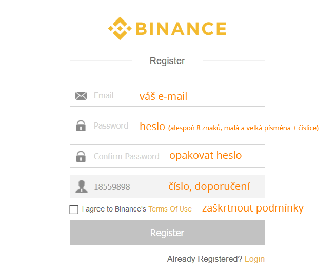 1. krok registrace BINANCE, přihlašovací údaje.